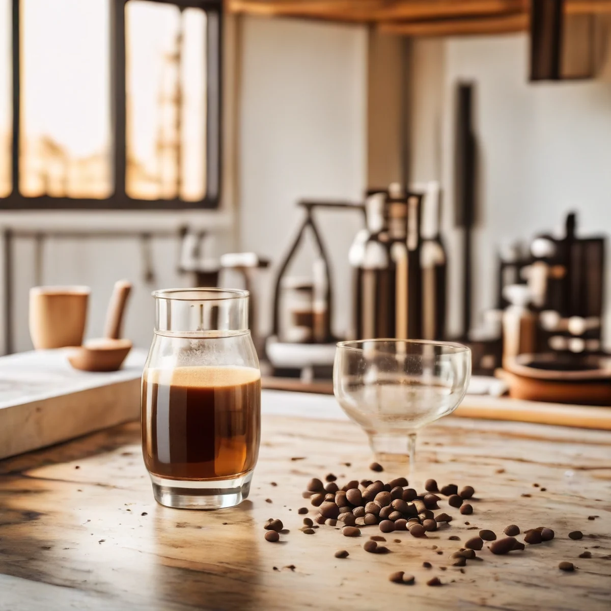 Cinematic still of pouring espresso with thick crema in warm golden hour light