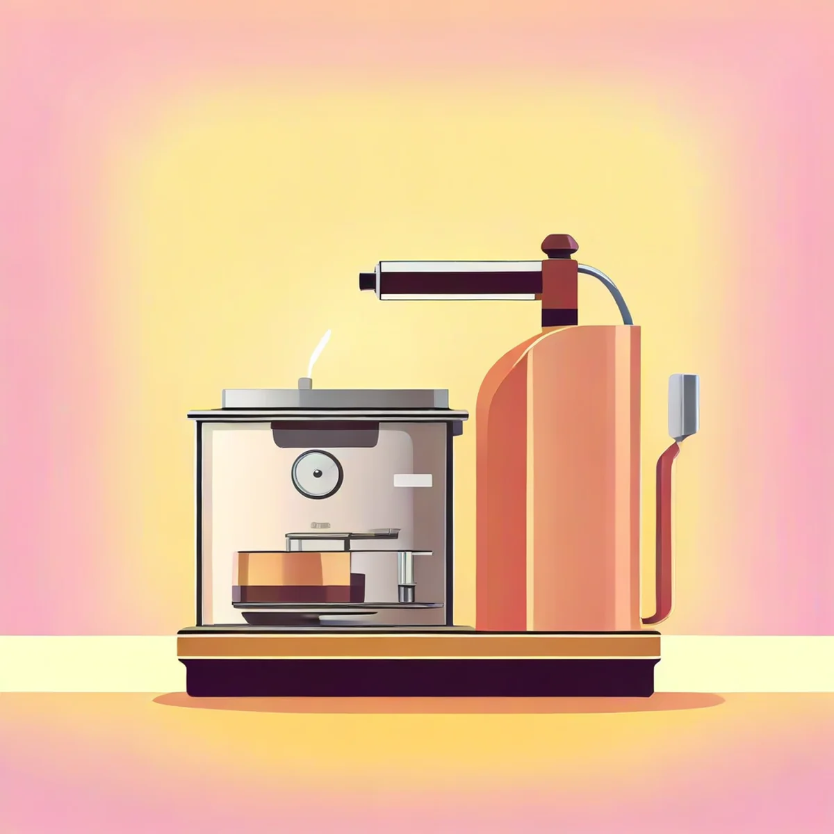 Low-angle vector illustration of a lever espresso machine in warm pastel tones