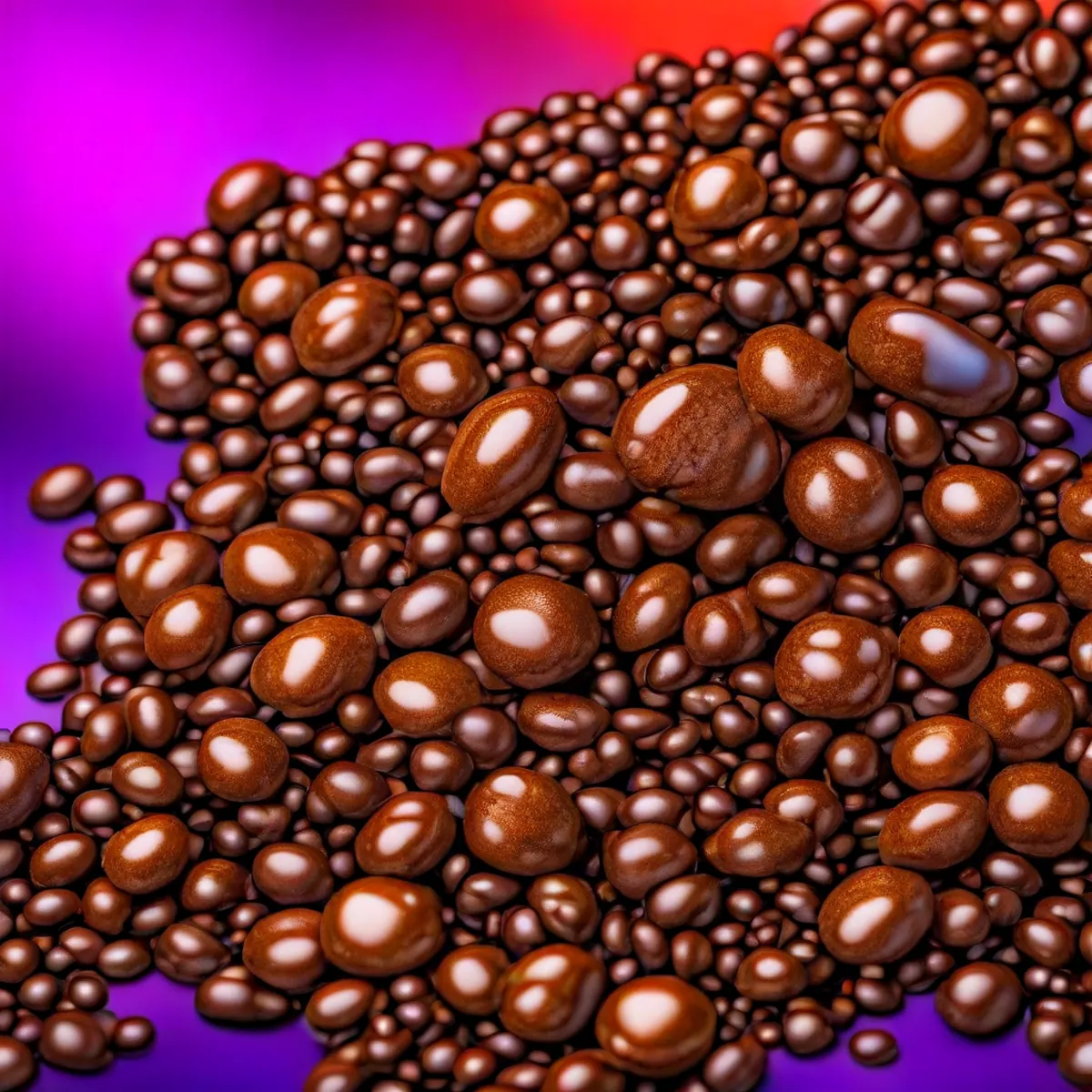 Close-up digital painting of glossy roasted coffee beans with vibrant studio lighting