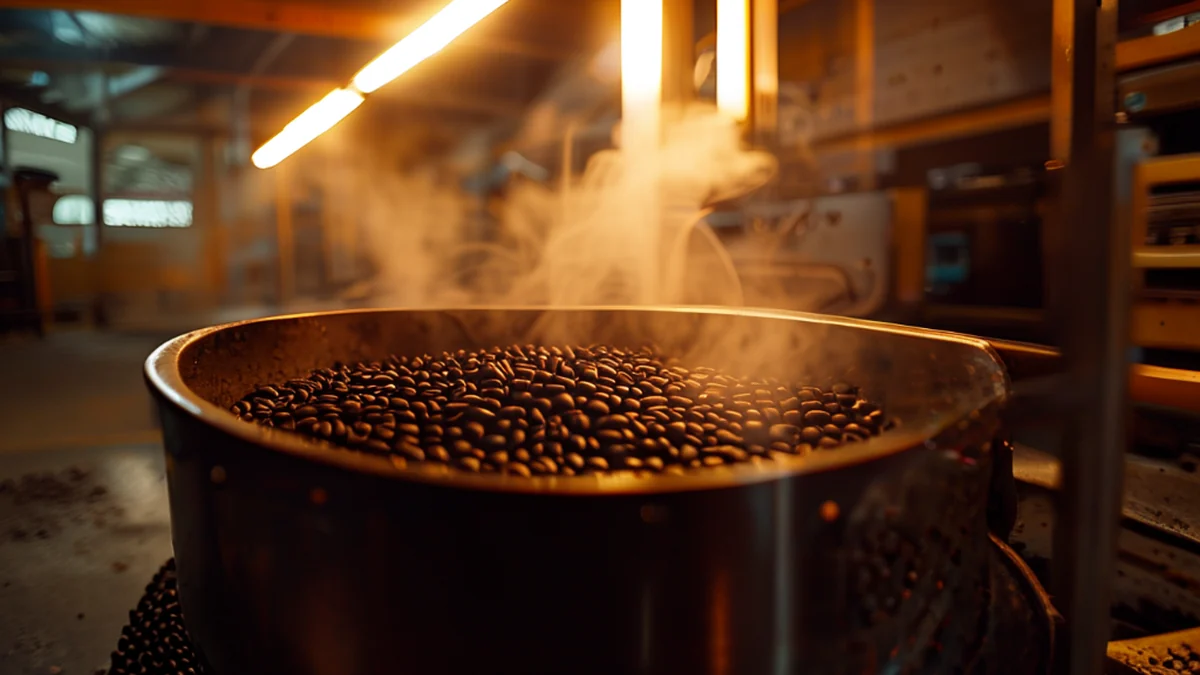 A coffee roaster in action, showcasing the roasting process at a bustling workshop