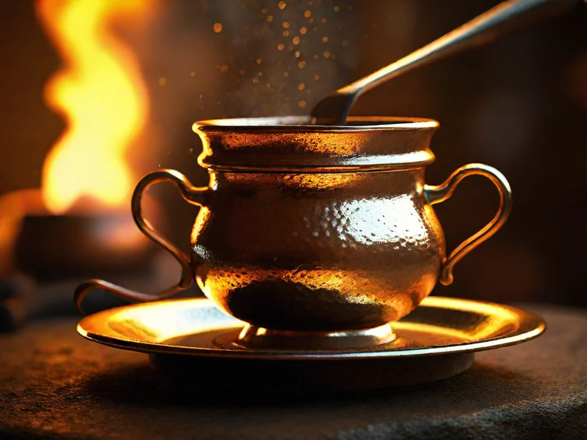 Kupferne Cezve mit aufsteigendem Schaum bei tuerkischem Kaffee