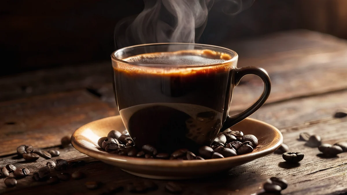 Dampfende Tasse frisch gebrühten Kaffees mit gerösteten Bohnen auf Holztisch
